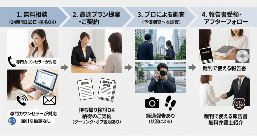 PIO探偵事務所の無料相談から調査終了までの流れ